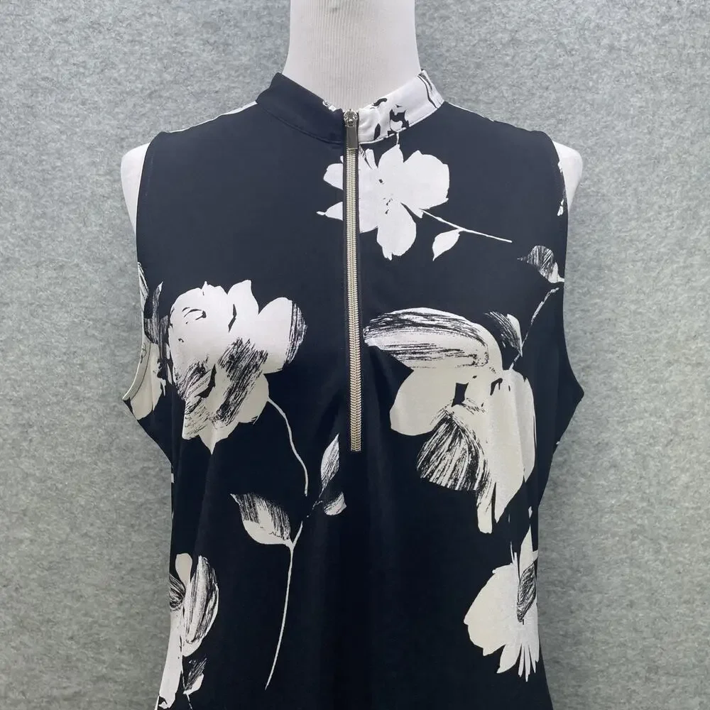 White House Black Market Floral Dress L Blk/Wht V Neck Stretch Midi Sleeveless